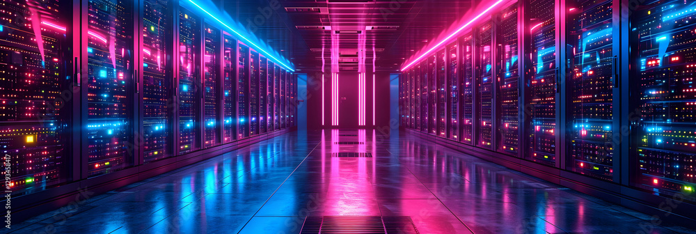 Futuristic data center corridor with neon blue and pink lights, technology server room interior Futuristic data center corridor with neon blue and pink lights, technology server room interior