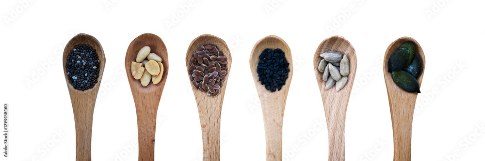 Set of organic seeds in spoons isolated on panoramic transparent or white background, healthy natural food and nutrition concept, png