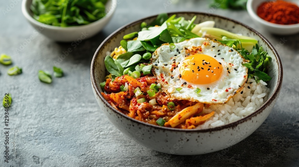 Savory Rice Bowl with Fried Egg, Kimchi, and Greens Savory Rice Bowl with Fried Egg, Kimchi, and Greens