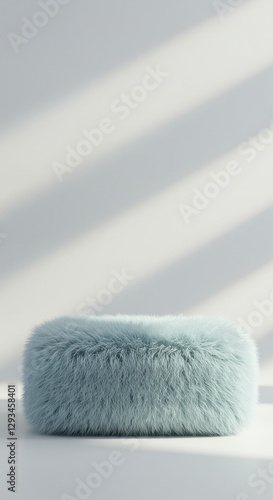 A plush blue fur cushion rests on a bright surface, illuminated by natural light creating soft shadows. The minimalistic setting enhances the cushion's textures