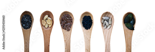 Obraz na płótnie Set of organic seeds in spoons isolated on panoramic transparent or white background, healthy natural food and nutrition concept, png w salonie