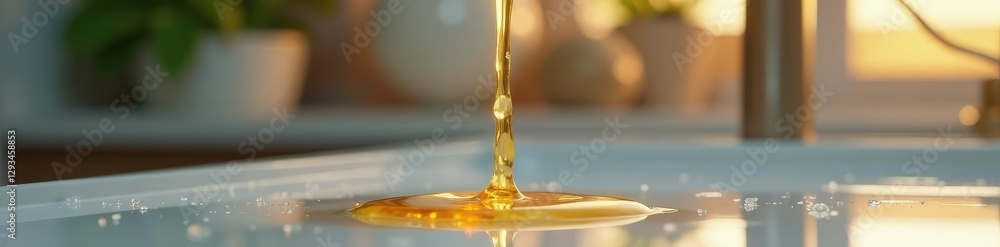 Golden liquid dripping from a faucet onto a counter, clean, liquid Golden liquid dripping from a faucet onto a counter, clean, liquid