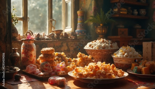 A beautifully arranged selection of traditional Mexican desserts, including pastries and candies, displayed in a rustic kitchen with warm, inviting lighting.