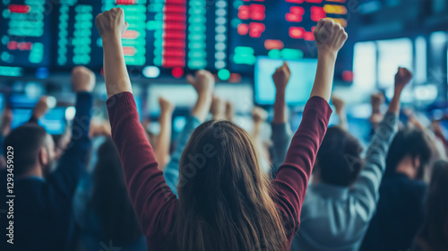 Investors celebrate market gains with raised fists at trading floor in financial district