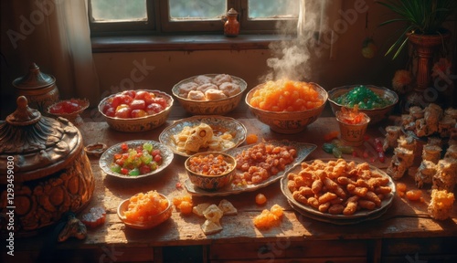 A lavish spread of traditional Mexican sweets and confections, including vibrant pastries and sugar-coated treats, arranged beautifully in a warm festive setting.