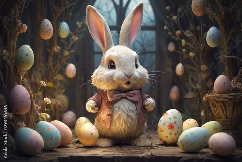 Adorable rabbit and eggs at Easter