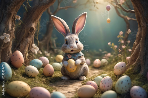 Adorable rabbit and eggs at Easter