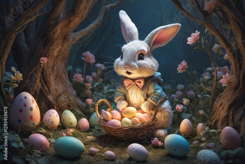 Adorable rabbit and eggs at Easter