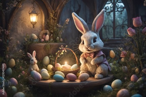 Adorable rabbit and eggs at Easter