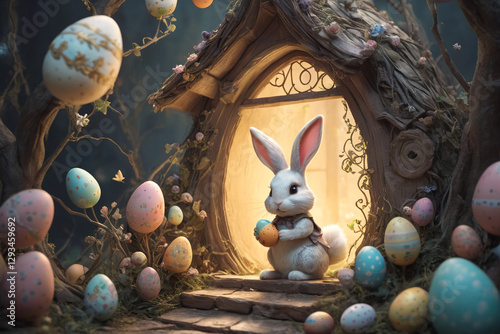 Adorable rabbit and eggs at Easter