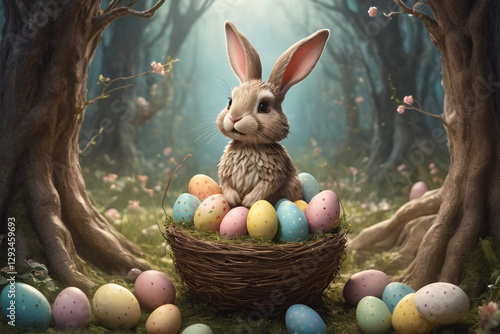 Adorable rabbit and eggs at Easter