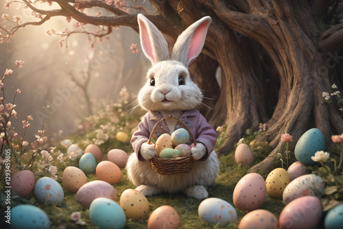 Adorable rabbit and eggs at Easter