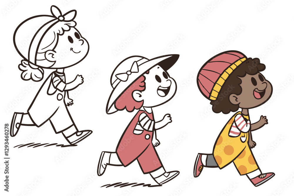 54 Cartoon children, diverse characters, simple line drawings, colorful outfits, playful poses, walking and running, multicultural, cheerful expressions, hand-drawn style, white background, whimsical, 54 Cartoon children, diverse characters, simple line drawings, colorful outfits, playful poses, walking and running, multicultural, cheerful expressions, hand-drawn style, white background, whimsical,