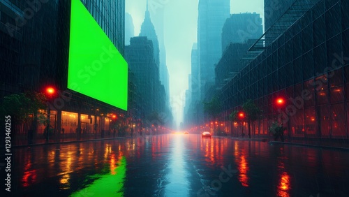 Rainy urban street scene with glowing neon lights and a large green billboard in the background
