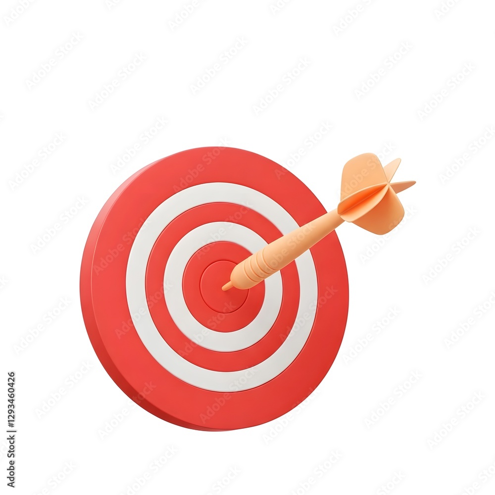dart hitting target, A bright red dartboard with white concentric rings. A light orange dart is embedded in the bullseye, precisely centered in the image. The dartboard is presented in a three-dimensi dart hitting target, A bright red dartboard with white concentric rings. A light orange dart is embedded in the bullseye, precisely centered in the image. The dartboard is presented in a three-dimensi