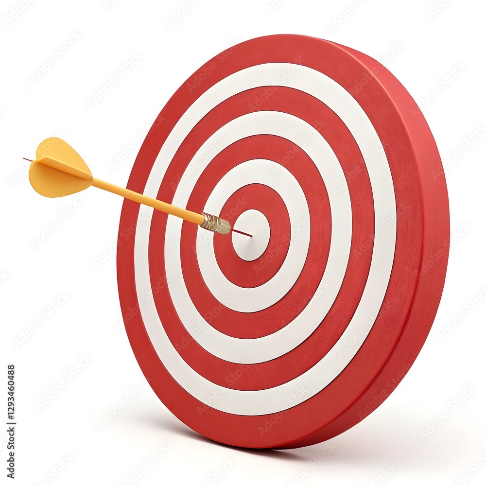 target with arrow, A bright red dartboard with white concentric rings. A light orange dart is embedded in the bullseye, precisely centered in the image. The dartboard is presented in a three-dimension target with arrow, A bright red dartboard with white concentric rings. A light orange dart is embedded in the bullseye, precisely centered in the image. The dartboard is presented in a three-dimension