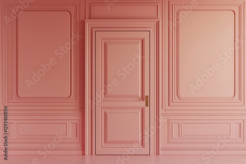 AI designed 3D mockup of empty pink room with wall and door.