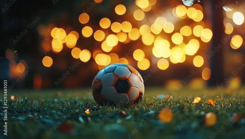 Fototapeta premium Soccer Ball on Grass with Bokeh Lights