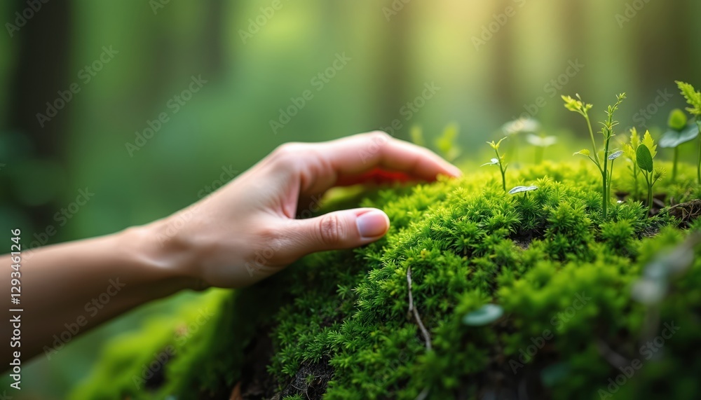 Fototapeta premium Close-up of hand gently touching vibrant green moss. Blured natural backdrop. Care, nature connection, eco awareness, environment protection. Fresh spring, summer growth, nature exploration, tranquil