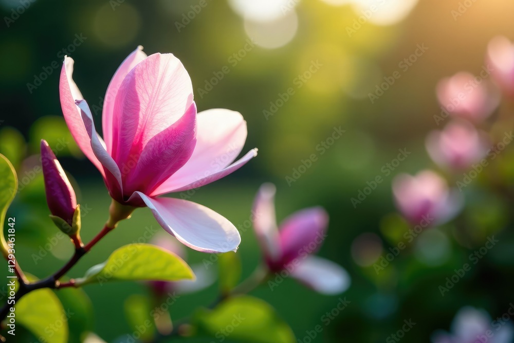 Fototapeta premium Pink magnolia flowers in a garden with lush greenery, blossom, garden flowers, spring blooms