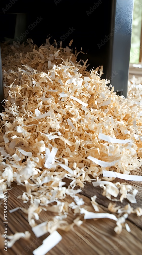 Shredded Paper Pile on Wooden Surface Close Up Shredded Paper Pile on Wooden Surface Close Up