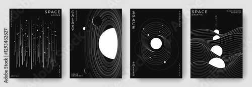 Set of abstract space astronomy backgrounds. Line art galaxy, universe, planet, solar system. Black and white science future concept. Cosmic minimal design for cover, poster, banner, flyer, brochure