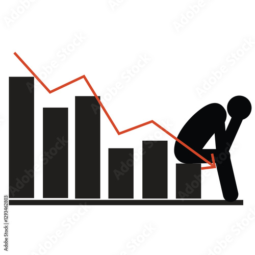 Down arrow chart and business people having money troubles, vector icon illustration. Business fail, investment failure, unpaid bills and loan debts, financial problems. symbol