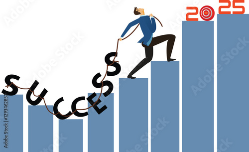 Successful business man pulling up success lettering on the hight graph in 2025  Hard working, control, finance, banking and investment concept