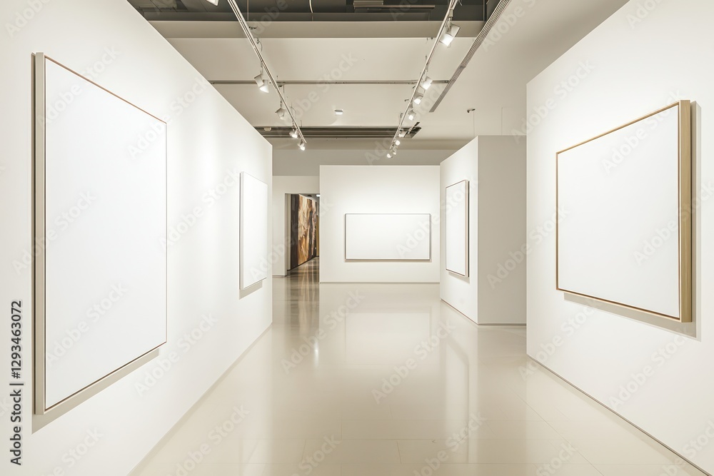 Subtly lit modern gallery space featuring blank canvases on white walls. Subtly lit modern gallery space featuring blank canvases on white walls.
