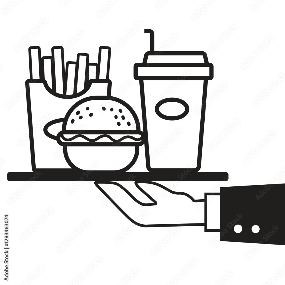 Vector icon of hand carrying food and drink for takeout, takeaway. Vector of food delivery service Vector icon of hand carrying food and drink for takeout, takeaway. Vector of food delivery service