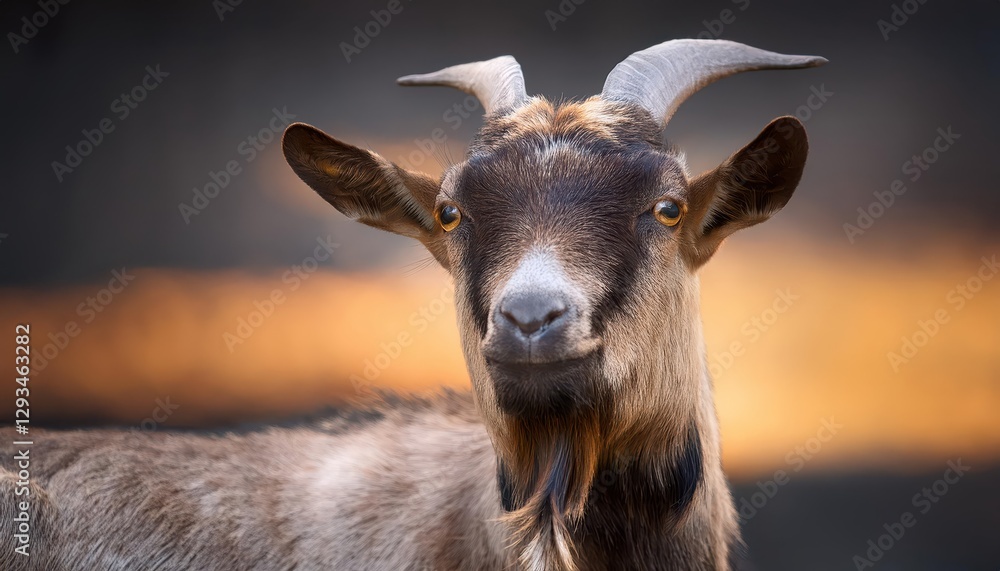 Adorable Goat with Horns Gazing Directly into the Camera, Showcasing a Captivating Rustic Charm in a Serene Scene, Radiating Warmth and Calmness Amongst the Wilderness. Adorable Goat with Horns Gazing Directly into the Camera, Showcasing a Captivating Rustic Charm in a Serene Scene, Radiating Warmth and Calmness Amongst the Wilderness.