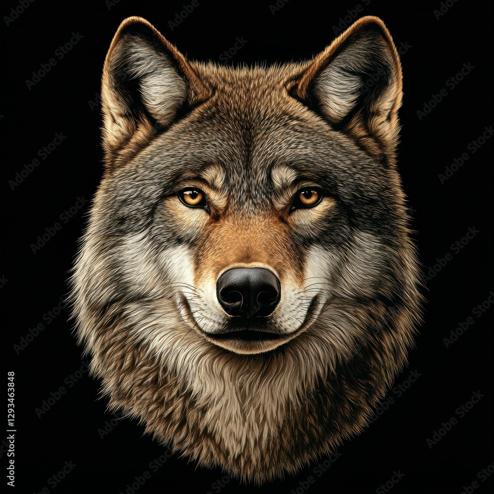 Fototapeta premium Majestic Wolf Head Detailed Portrait Against a Dark Backdrop Intense Gaze and Noble Expression