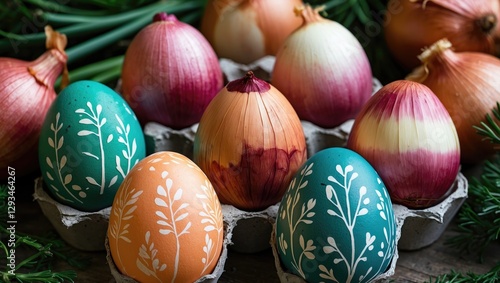 Naturally dyed Easter eggs with plant patterns surrounded by fresh onions on a rustic wooden surface.