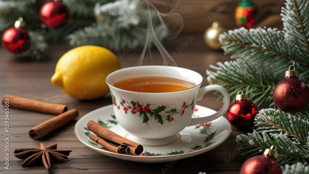Warm festive tea scene with lemon, cinnamon, and Christmas decorations on a wooden table creating a cozy holiday atmosphere. Warm festive tea scene with lemon, cinnamon, and Christmas decorations on a wooden table creating a cozy holiday atmosphere.