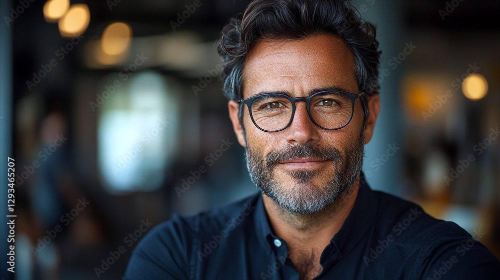 A confident middle-aged man with a thoughtful gaze, wearing stylish glasses, in a softly lit setting with a blurred background. A confident middle-aged man with a thoughtful gaze, wearing stylish glasses, in a softly lit setting with a blurred background.