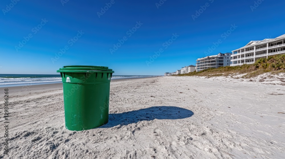 Green recycling bin stands on the beach promenade with buildings and mountains visible under a vibrant blue sky Green recycling bin stands on the beach promenade with buildings and mountains visible under a vibrant blue sky