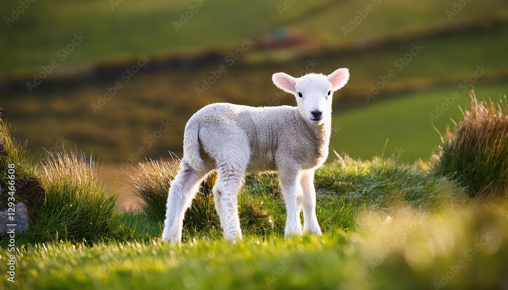 Adorable Lamb Frolicking in WelshYorkshire Meadow, Surrounded by Blooming Wildflowers and a Picturesque Landscape under a Sunny Sky on a Warm Afternoon. Adorable Lamb Frolicking in WelshYorkshire Meadow, Surrounded by Blooming Wildflowers and a Picturesque Landscape under a Sunny Sky on a Warm Afternoon.