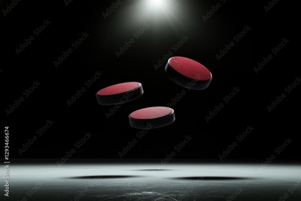 Three red pucks suspended in mid-air, illuminated dramatically a Three red pucks suspended in mid-air, illuminated dramatically a