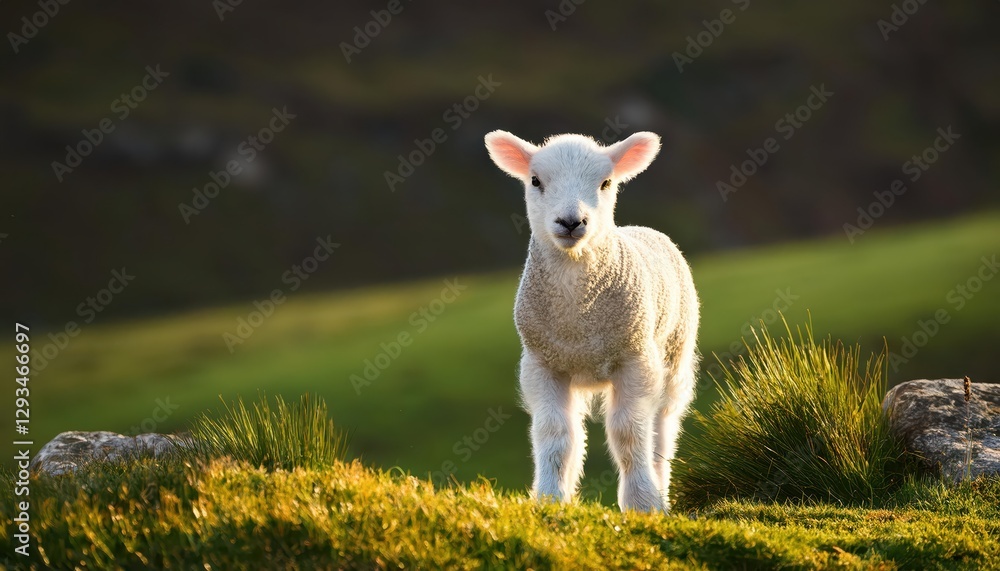Adorable Lamb Frolicking in a Lush Welsh or Yorkshire Dales Meadow under a Radiant Afternoon Sky Captivating Pastoral Scene in Shades of Green and Gold. Adorable Lamb Frolicking in a Lush Welsh or Yorkshire Dales Meadow under a Radiant Afternoon Sky Captivating Pastoral Scene in Shades of Green and Gold.