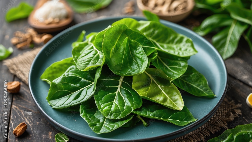 Fresh Green Edible Leaves Placed on a Blue Plate Surrounded by Natural Ingredients on Rustic Wooden Table Fresh Green Edible Leaves Placed on a Blue Plate Surrounded by Natural Ingredients on Rustic Wooden Table