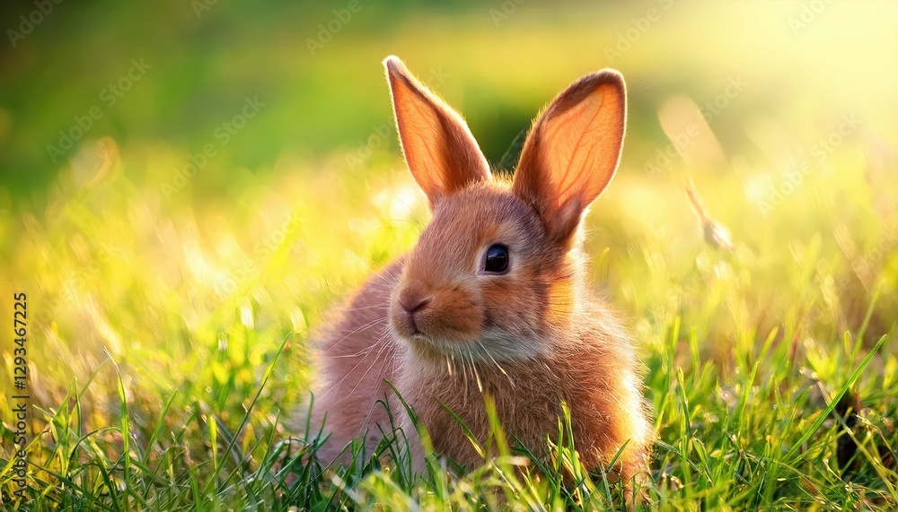 Playful Bunny Amidst a Lush Green Meadow, Expressing Adorable Curiosity as the Sun Sets in the Background, Capturing the Whimsy and Serenity of a Pastoral Scene. Playful Bunny Amidst a Lush Green Meadow, Expressing Adorable Curiosity as the Sun Sets in the Background, Capturing the Whimsy and Serenity of a Pastoral Scene.