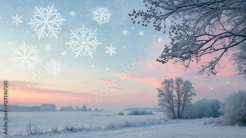 A beautiful pastel winter background with delicate falling snowflakes, creating a