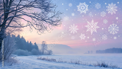A beautiful pastel winter background with delicate falling snowflakes, creating a