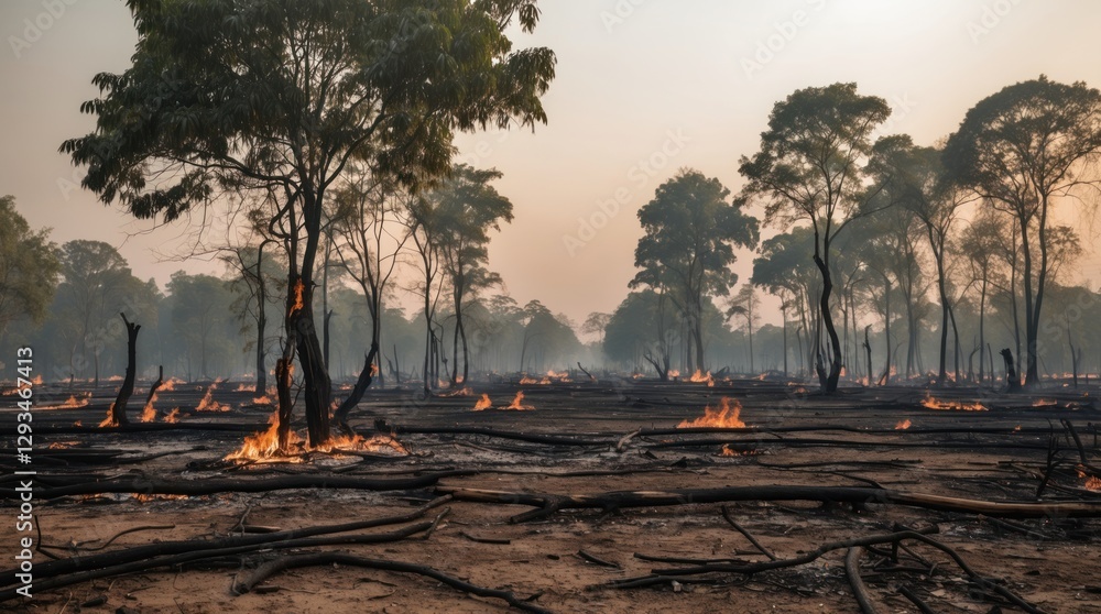 Burnt teak tree landscape after wildfire, showcasing devastation from extreme heat and climate change effects on nature and forest ecosystems. Burnt teak tree landscape after wildfire, showcasing devastation from extreme heat and climate change effects on nature and forest ecosystems.