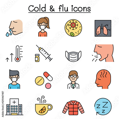 Cold, flu, allergy & sick icon set in thin line style