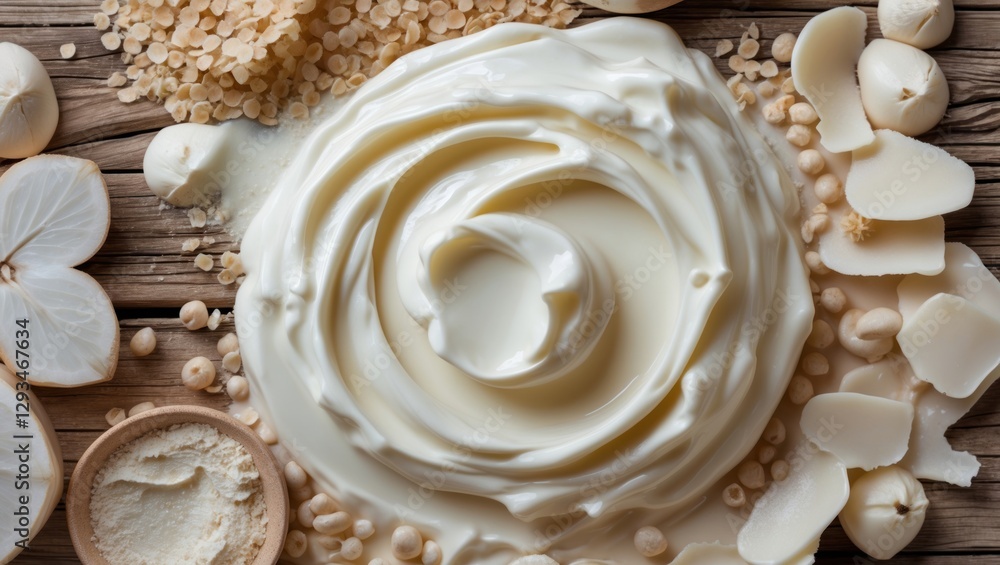 Creamy face cream texture with natural ingredients arranged on a wooden background for skincare and cosmetic product imagery. Creamy face cream texture with natural ingredients arranged on a wooden background for skincare and cosmetic product imagery.