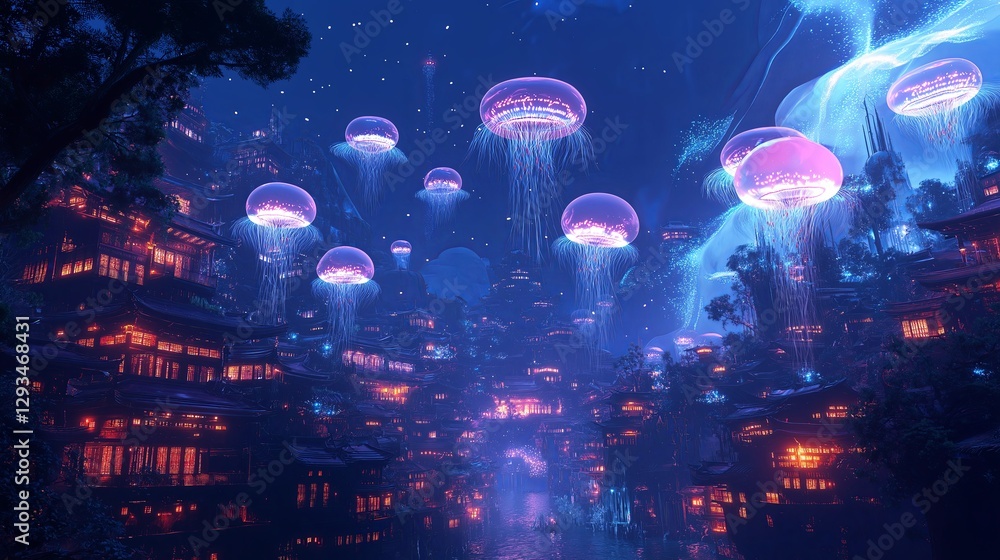 A serene underwater city illuminated by bioluminescent jellyfish A serene underwater city illuminated by bioluminescent jellyfish