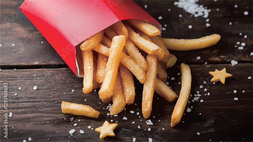 High-angle, close-up shot of golden-brown french fries spilling from a red paper carton onto a dark brown wooden surface.  The fries are irregularly shaped and appear crispy.  Coarse salt is