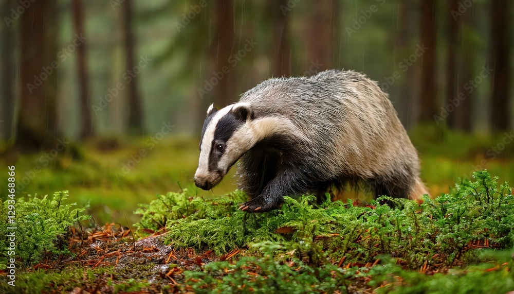 Naklejka premium Enchanting Rainy Day in a German Forest Badger Basks in a Cozy Den Amidst Lush Greenery and Drizzle, Capturing the Essence of European Wildlife Habitat