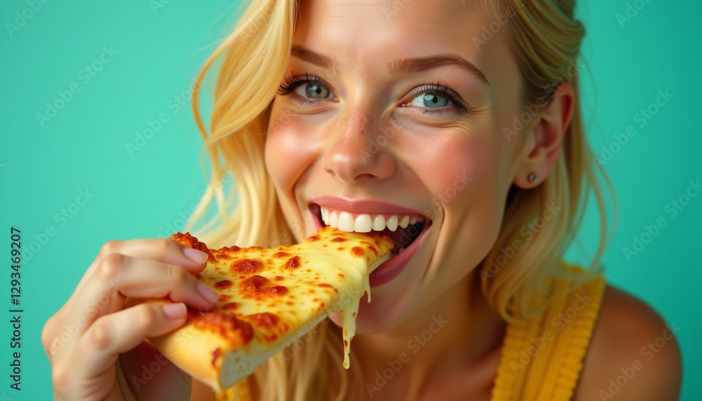 Four cheese pizza and a beautiful girl eating it, close-up Four cheese pizza and a beautiful girl eating it, close-up